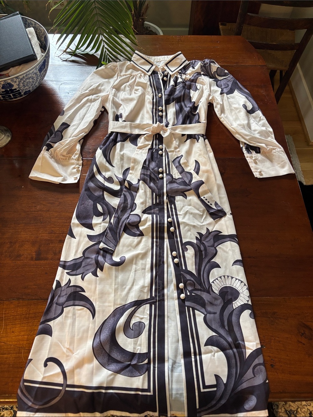 Ivory Maxi Dress with Black Scroll Print